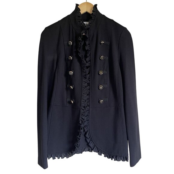 Joseph Ribkoff Size 6 Black Military Style Jacket Ruffle Neckline - Picture 1 of 12